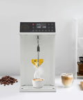 Pro Rig Commercial Steam Milk Frother Electric Cafe Milk Steamer featuring precision temp dial, with coffee cup and milk foam.