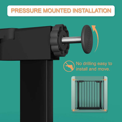 Pressure mounted installation for extra wide baby gate, showing screw mechanism, easy install for kids and pets, fits 43 to 46 inches.