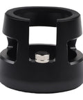 Adjustable Height Espresso Tamping Station With 58 Mm Portafilter Cradle And Slick Aluminum Tamper Holder Base offering anti slip stability close-up view.