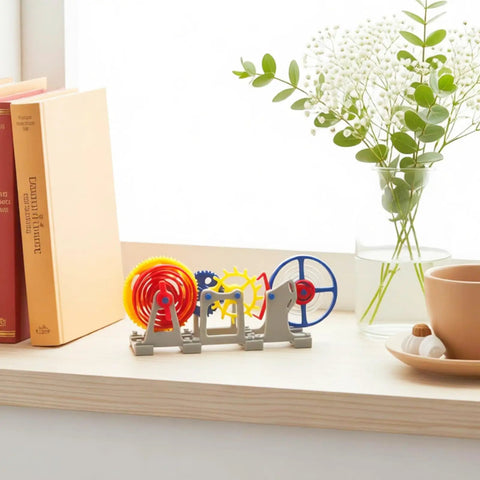 3D Printed Tourbillon Escapement Clock Model With Manual Assembly And Wind Up Movement on desk near books and plant