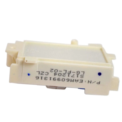 Close-up of Genuine OEM Noise Filter For Dishwashers Replacement Part EAM60991316 showing the model number on a white case.