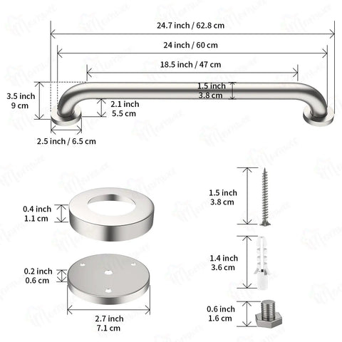 Two Pack 24 Inch Grab Bar 1.5 Inch Diameter Satin Brushed Nickel Stainless Steel Bathroom Handrail Safety Rail dimensions