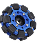 4-inch aluminum alloy robot wheels with omnidirectional hub components, black silicone wheels, and blue metal frame for DIY robots.