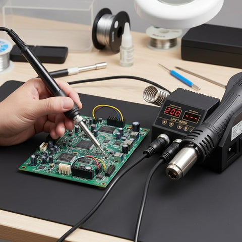 Person using Powerful 2 In 1 Rework Station With 580 Watt Hot Air Gun And 60 Watt Soldering Iron, Digital Dual LED Display for PCB repair