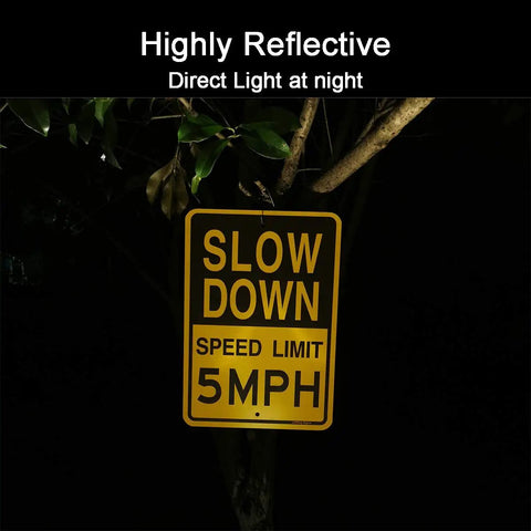 Low And Slow Speed Limit 5 Mph Reflective Aluminum Warning Sign For Driveway Entrance Outdoor Traffic Control Durable Fade Resistant Weather Proof High Visibility Day And Night Two Pack, shown at night reflecting light.