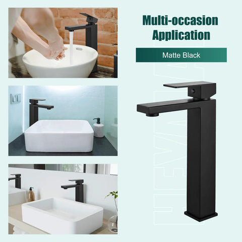 Dope Matte Black Vessel Sink Faucet With Tall Body, Single Hole Deck Mount, SUS304 Stainless Steel Bathroom Vanity Mixer Tap