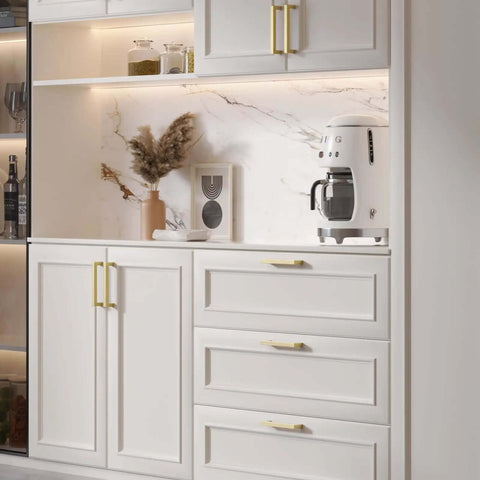 Heavy Duty Brushed Gold Cabinet Handles And Drawer Pulls 25 Pack 5 Inch Stainless Steel Kitchen Upgrades displayed on elegant cabinetry.