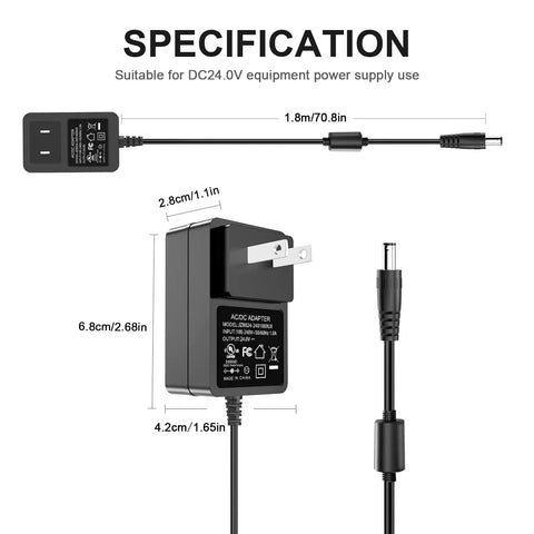 24V 1A Power Adapter From 100V To 240V AC To 24V DC UL Listed With 5.5mm By 2.5mm Plug And Five Tips 6 Ft Cable specifications