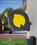 Hassle Free Wall Mounted Hose Reel With No Sweat Auto Rewind And Slick 180 Degree Swivel Bracket For Tangle Free Patio Garden Watering Holding Up To 32 Meters Of Heavy Duty Hose mounted on wall with garden background.