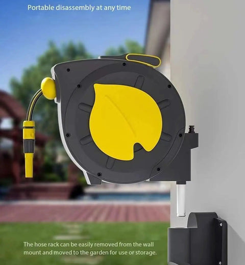 Hassle Free Wall Mounted Hose Reel With No Sweat Auto Rewind And Slick 180 Degree Swivel Bracket For Tangle Free Patio Garden Watering Holding Up To 32 Meters Of Heavy Duty Hose mounted on wall with garden background.
