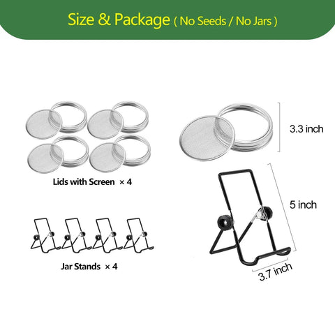 Image showing Sprouting Lids and Adjustable Jar Stands Kit for 86mm Wide Mouth Mason Jars, 4 stainless steel lids with screen, 4 stands.