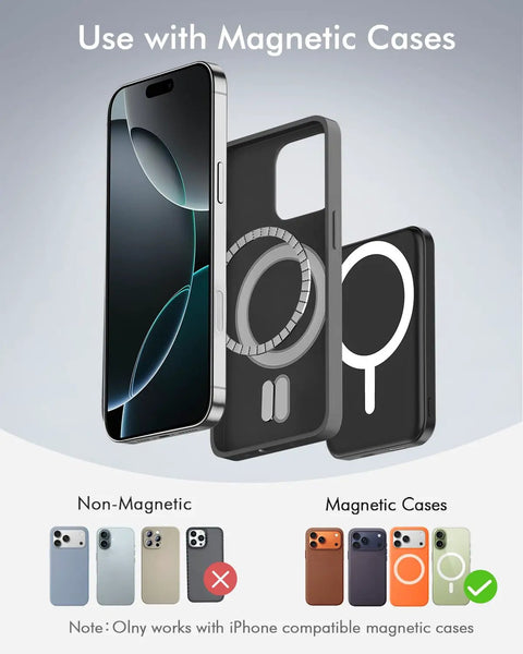 Ultra Slim Magnetic Power Bank With MagSafe 5000Mah Portable Charger compatible with iPhone 17 16 15 Pro Max Plus shown with magnetic cases.