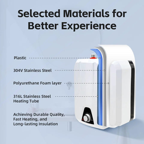 Compact 1.6 Gallon Electric Under Sink Water Heater Boasting Quick Turn Heating And Sleek Temp Adjustments For Smooth Instant Hot Water On Tap At Home Or Office Zero Hassle Rig made of 304V stainless steel and plastic.