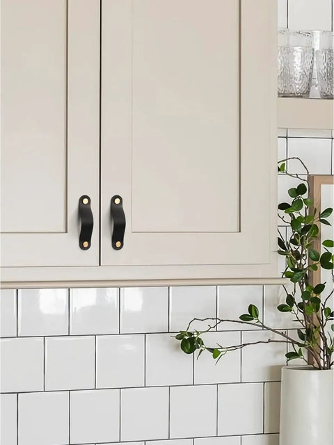 Black Leather Drawer Pulls 6 Pack 6.3 Inch Long Leather Handles Cabinet Knobs For Kitchen Bathroom And Dresser Drawers on cabinet