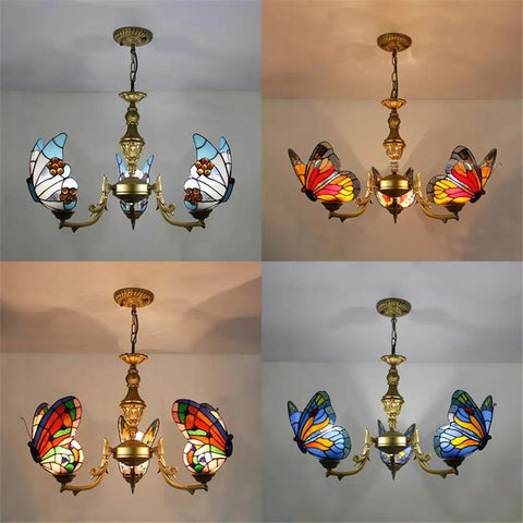 Stained Glass Pendant Light In Tiffany Style With Three Butterflies Shade Blue Vintage Vibe Ceiling Lamp For Indoor Decor