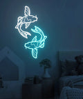 Koi Fish Neon Sign Ice Blue And White LED Light Art, 14 Inch Acrylic Flex Neon, 3D Engraved Signage in a bedroom setting.
