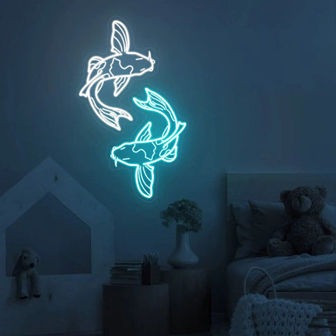 Koi Fish Neon Sign Ice Blue And White LED Light Art, 14 Inch Acrylic Flex Neon, 3D Engraved Signage in a bedroom setting.