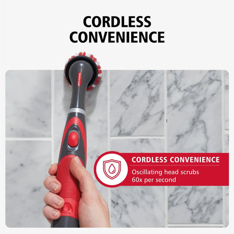Kick Serious Grime With This Cordless Power Scrubber Kit An Oscillating Cleaning Rig showcasing a handheld scrubber cleaning grout.
