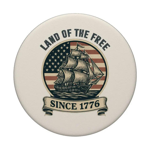 Patriotic Vintage Flag Sailboat PopGrip Adhesive Phone Grip For 4th Of July Merica Pride Red White Blue Americana Slim Handy Mount For iPhone And Android Easy Peel And Stick Durable Gift with a ship and American flag design.