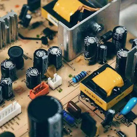 Close-up of a circuit board featuring capacitors from the Aluminum Electrolytic Capacitor Kit, 135 Pieces in 19 Values, 470uF to 10000uF.