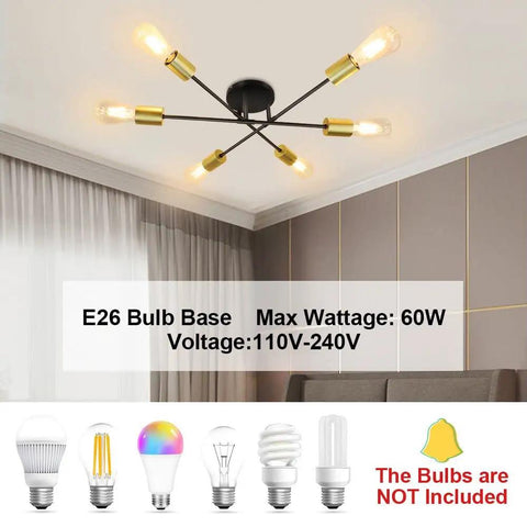 Dope Adjustable Gold Sputnik Chandelier With 6 Lights, Modern Mid Century Ceiling Light for living room, E26 base shown installed