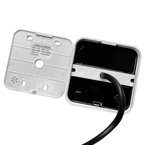 Back view of Proximity RFID Card Keypad Reader 125KHz Wiegand 26 Or 34 Bit, showing wiring and mounting plate