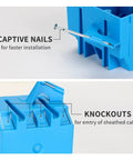Two Gang Nail On Electrical Box Made From PVC Plastic For New Work Wall Installations In Blue Color With 32 Cubic Inches Of Capacity ETL Certified No Knockouts And Fixed Nails For Quick Durable Switch And Outlet Setups For Easy Installations showing details like captive nails and knockouts.