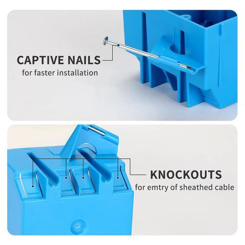 Two Gang Nail On Electrical Box Made From PVC Plastic For New Work Wall Installations In Blue Color With 32 Cubic Inches Of Capacity ETL Certified No Knockouts And Fixed Nails For Quick Durable Switch And Outlet Setups For Easy Installations showing details like captive nails and knockouts.