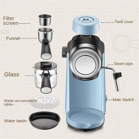 Front view of Go-To Home Use Semi Automatic Espresso Maker With Milk Frother, Portable Coffee Machine, labeled parts visible