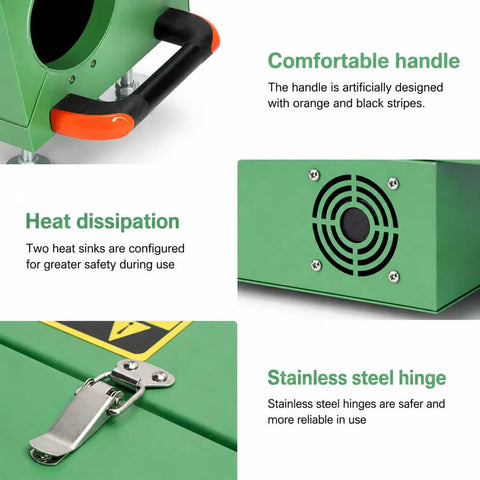 Heavy Duty Electric PVC Pipe Heater With Built In Temp Detector And Auto Shut Off For 1/2 To 4 Inch Conduit Bending showing handle, heat dissipation vents, and stainless steel hinge detail.