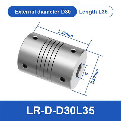 Heavy Duty LR D Aluminum Shaft Coupler With Elastic Winding Design For 8mm To 18mm Motors, clamp type, D30, L35 dimensions.