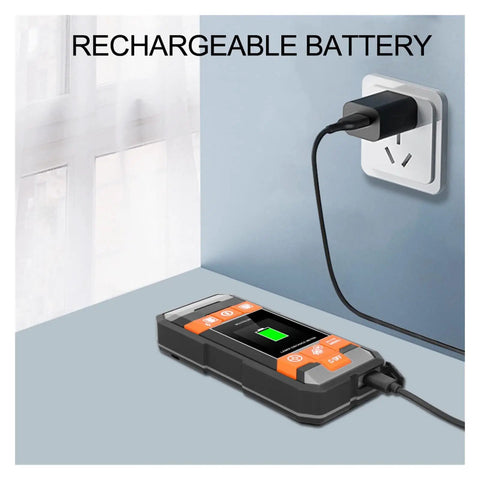 Pro Grade Digital Stud Finder And Wall Scanner Loaded With AC Wire Hunter Pipe Detector And Wood Moisture Meter charging with rechargeable battery.