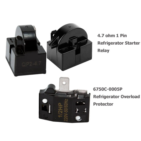 Fridge Compressor Start Relay And Overload Protector Kit 4 7 Ohm 1 Pin PTC Starter Relay With 6750C0005P And 6750C0004R, close-up view.