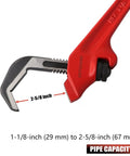Nine And A Half Inch Hex Offset Wrench With One Eighth To Two And Five Eighths Inches Capacity Built Tough For Heavy Duty Hex Jaw Pipe Wrench Ductile Iron Chrome Vanadium Build Slim Jaws For Tight Spaces showing pipe capacity