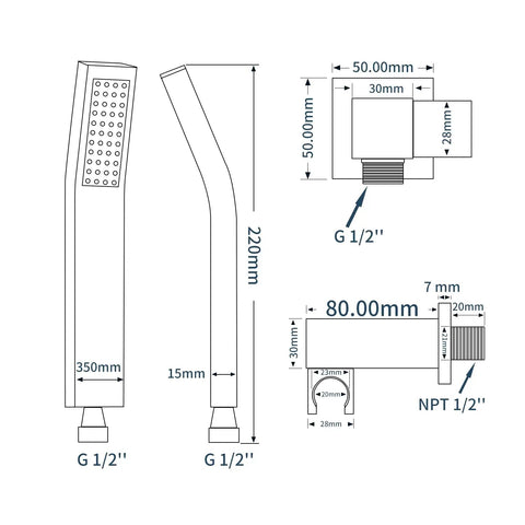 Dimensions of Brass Handheld Shower Head Kit With Square Head Design, including hose and bracket measurements.