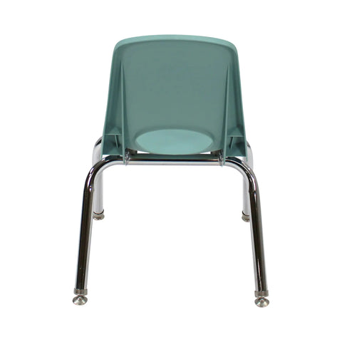 Back view of 12 Inch School Stack Chair Two Pack Kid Friendly Durable Stackable Student Seat With Chromed Steel Legs And Non Marring Swivel Glides For Classroom Homeschool Or Learning Space Seafoam