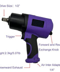1/2 Inch Composite Air Impact Wrench With Twin Hammer Guts Delivers A Badass 1300 Ft Lbs Of Max Loosening Torque At A Screaming 8000 Rpm close-up of features like trigger and exhaust.