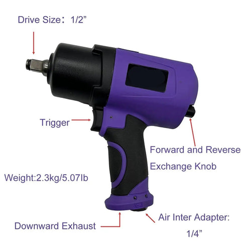 1/2 Inch Composite Air Impact Wrench With Twin Hammer Guts Delivers A Badass 1300 Ft Lbs Of Max Loosening Torque At A Screaming 8000 Rpm close-up of features like trigger and exhaust.