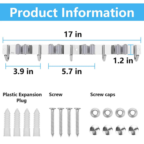 Heavy Duty Wall Mounted Broom And Mop Holder With Four Racks And Five Hooks, dimensions and installation kit shown.