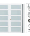 Bypass Sliding Closet Door Set, 72 By 80 Inches, Double 37 Inch Panels, 5 Lite Frosted Glass, White Barn Door With Hardware Kit Included