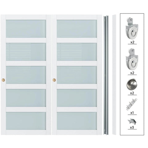 Bypass Sliding Closet Door Set, 72 By 80 Inches, Double 37 Inch Panels, 5 Lite Frosted Glass, White Barn Door With Hardware Kit Included