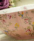 Close-up of Blue Ceramic Vessel Sink For Bathroom Vanity Top Above Counter Bowl With Floral Bird Pattern Modern American Style