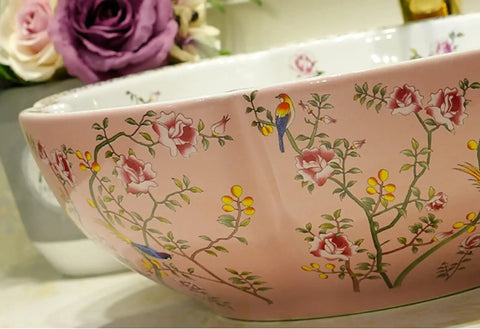 Close-up of Blue Ceramic Vessel Sink For Bathroom Vanity Top Above Counter Bowl With Floral Bird Pattern Modern American Style