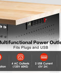 Heavy Duty 84 Inch Workbench With Rubber Wood Top And Steel Frame Supports Up To 5000 Lbs Adjustable Height Built In Pegboard And Power Outlet Ideal For Garage Workshop Studio Or Home Office showing power outlet features.