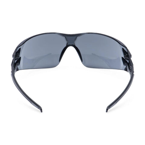 Badass Wraparound Safety Glasses Delivering Panoramic Coverage And Hella Comfortable Flexible Temples For Tough Warehouse Workshop And Daily Jobsite Tasks, smoke polycarbonate lens, front view.