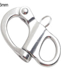 Close-up of 96mm marine-grade 316 stainless steel quick-release shackle with fixed bail