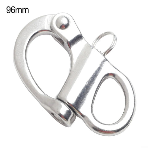 Close-up of 96mm marine-grade 316 stainless steel quick-release shackle with fixed bail