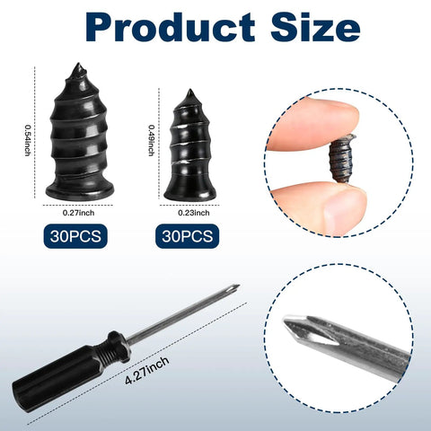 Portable Tire Repair Kit With 60 Pcs Plug Set Rubber Plug Nails And Screwdriver size details and dimensions.