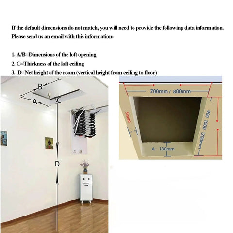 Heavy Duty Electric Telescoping Attic Ladder Pull Down From Ceiling With Remote Control Smooth Glide Safety Handrails Adjusts Fast Saves Floor Space illustration showing dimensions and installation details.