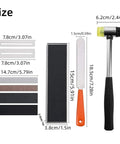 Size diagram of 17Pcs Guitar Fret Repair Kit with crowning file, rubber hammer, leveling beam, and fingerboard protectors.